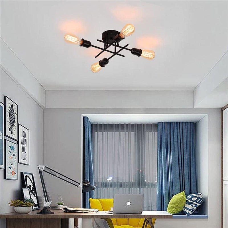Black Ceiling Lamp 4-Lights Sputnik Chaner Industrial Semi Flush Mount Ceiling Lighting Fixture, Hallway Kitchen Bedroom Close to Ceiling Lamps Vintage Chaners - Image 2