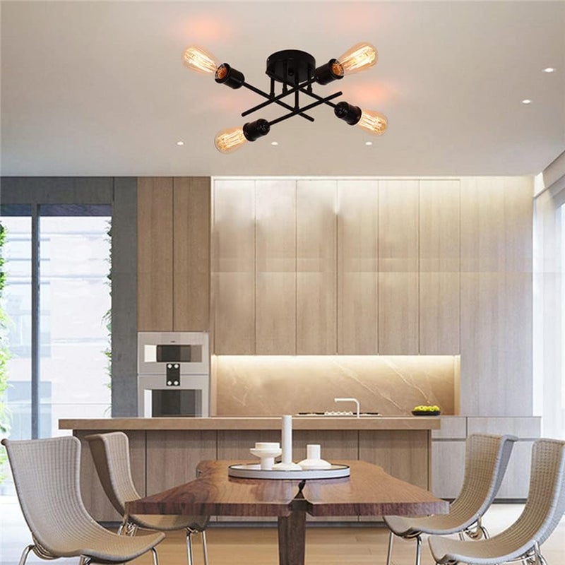 Black Ceiling Lamp 4-Lights Sputnik Chaner Industrial Semi Flush Mount Ceiling Lighting Fixture, Hallway Kitchen Bedroom Close to Ceiling Lamps Vintage Chaners - Image 3