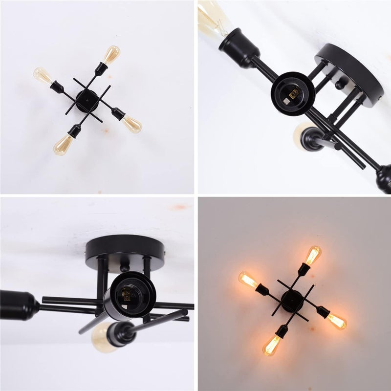Black Ceiling Lamp 4-Lights Sputnik Chaner Industrial Semi Flush Mount Ceiling Lighting Fixture, Hallway Kitchen Bedroom Close to Ceiling Lamps Vintage Chaners - Image 5