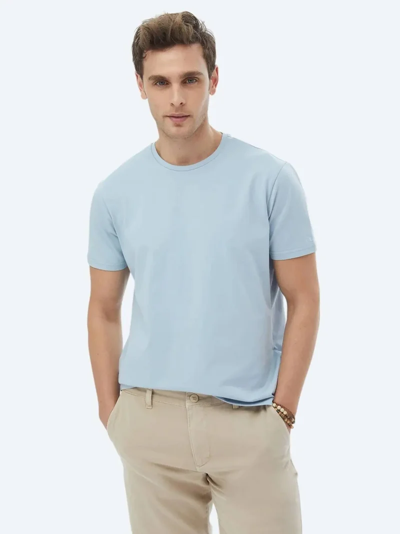 Kip Blue Plain Crew Neck Cotton Blended T-Shirt