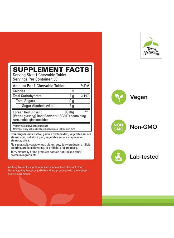 Terry Naturally HRG80 Red Ginseng Energy - Support Healthy Energy & Focus - Herbal Supplement with Korean Red Ginseng Root Powder - Tablets to Aid Healthy Endurance - 30 Chewable Tablets (Pack of 2) - Image 2