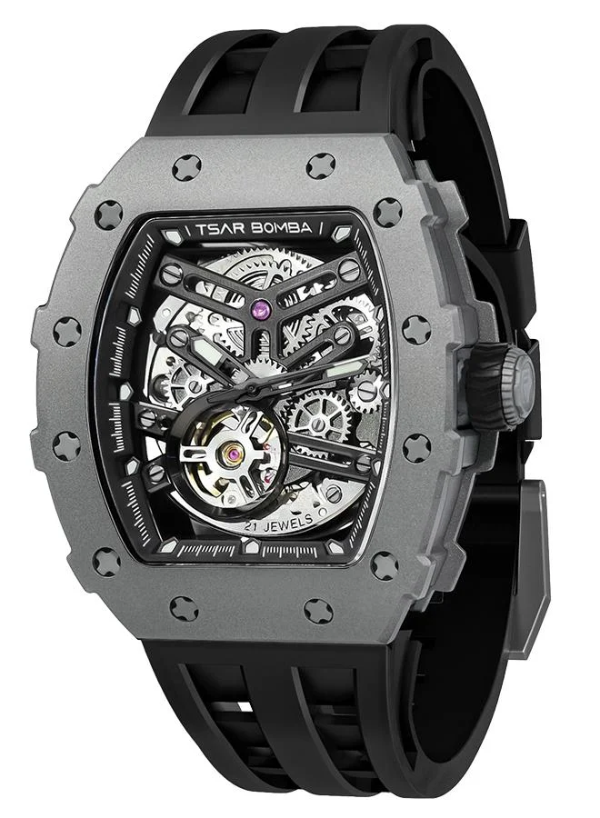 TSAR BOMBA Elemental Series 43mm Automatic Men's Watch with Black Silicone Strap