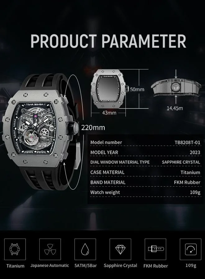 TSAR BOMBA Elemental Series 43mm Automatic Men's Watch with Black Silicone Strap