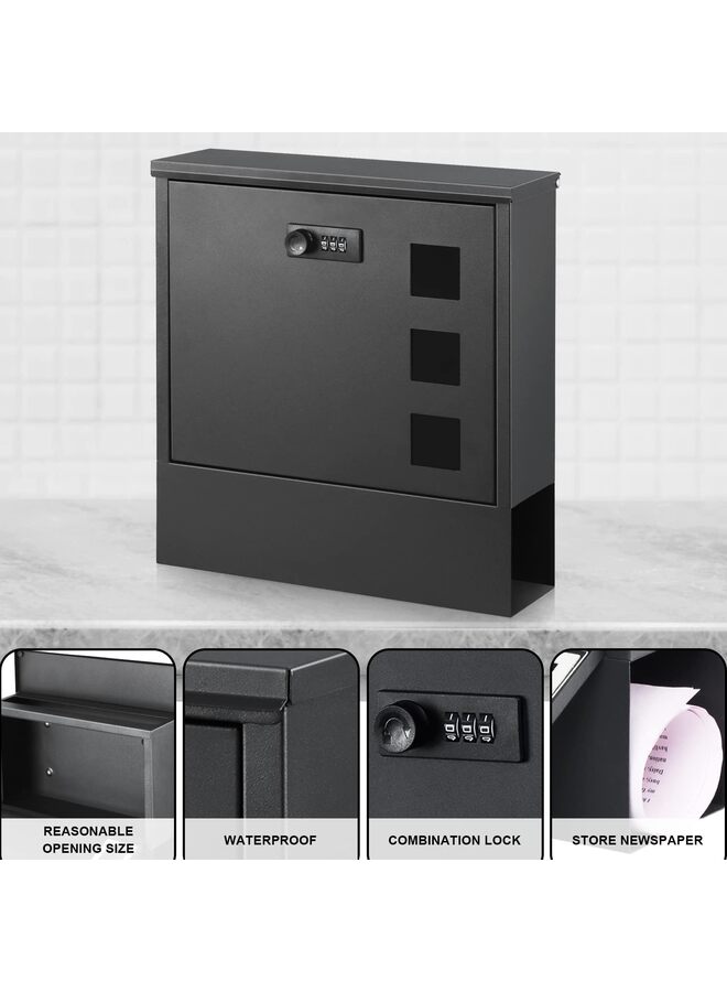 Mailbox with Combination Lock,Large Capacity Wall Mounted Locking Security Mailbox,Large Mail Box with Newspaper Compartment, Black,12.8x11.8x3.9 Inch - Image 2