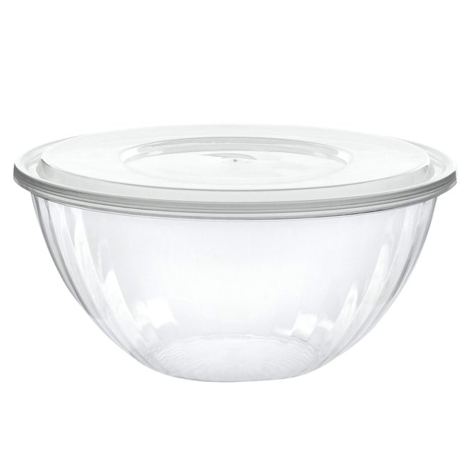 DISPOSABLE 96 OUNCE ROUND CRYSTAL CLEAR PLASTIC SERVING BOWL WITH LID PARTY SNACK OR SALAD CONTAINER CHIP AND CANDY DISH PACK OF 4