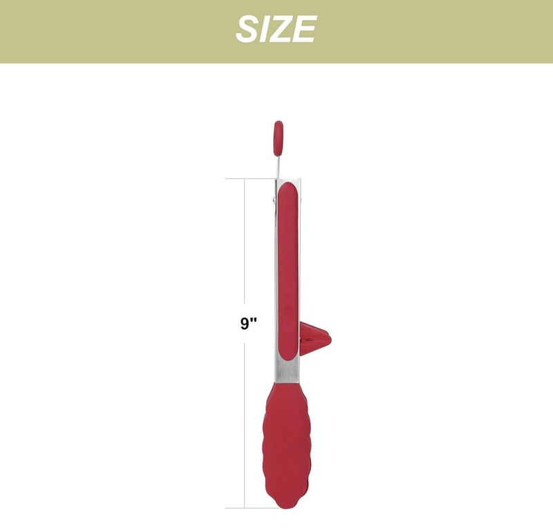Baskety Silicone Cooking Tongs Stainless Steel Grip Food Tongs for Salad Serving Kitchen Food – 9 Inch (Red, 1 Piece) - Image 2