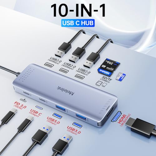 Melelink USB C Hub Multiport Adapter for MacBook Pro/Air, 10 in 1 USB C Dongle Mac HDMI Adapter, USBC Dock Compatible for iPad Pro, iMac, Dell, HP, Lenovo (4K@60Hz HDMI,SD/TF Card Reader,100W PD, 6 USB Ports) - Image 2