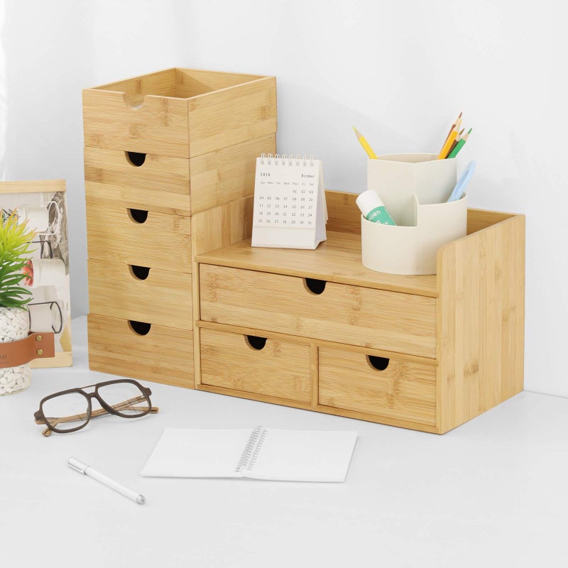 Wisuce Bamboo Desk Drawer Organizer, Desktop Organizer with Drawers Tabletop Storage Organization Box for Office Home Toiletries Supplies Vanity, No Assembly Required(2 Drawers) - Image 5