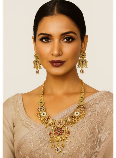 Traditional South Asian Bridal Necklace Set for Women | Antique Gold Plated Choker with Matching Earrings | Kundan & Stone Studded Wedding Jewelry | Ethnic Indian Temple Jewelry | Festive, Party & Bridal Wear Set