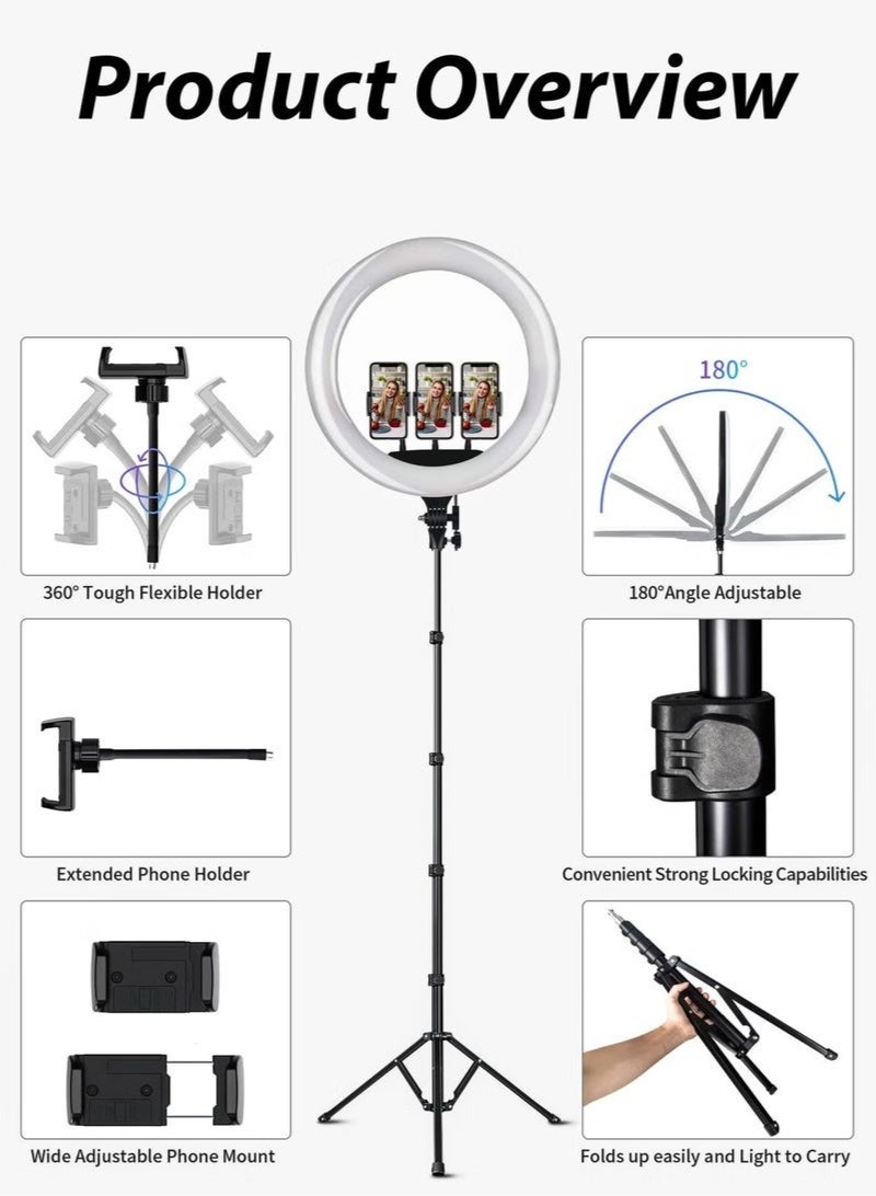 إضاءة حلقية LED قابلة للتعتيم مقاس 18 بوصة مع حامل ثلاثي القوائم بطول 2.1 متر، وجهاز تحكم عن بعد، و3 حوامل للهواتف - سطوع قابل للتعديل للمكياج، والتصوير الفوتوغرافي، ويوتيوب، وتيك توك، ومدونات الفيديو، والبث المباشر، وتسجيل الفيديو - مثالية للكاميرات، والهواتف الذكية، وإضاءة الاستوديوهات الاحترافية - Image 2
