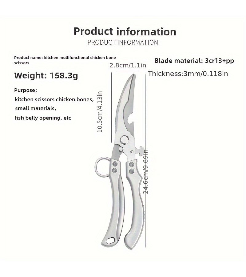 Platinum Silvery Poultry Shears Kitchen Scissors With Safety Lock For Meat Bone And Chicken Cutting - Image 3