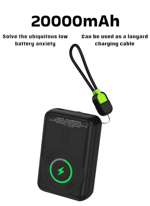 ZP555 20000mAh TODO Power Bank, Compatible With Magsafe, Wireless Charging, Magnetic Attraction, LCD Display, Compact Design With Integrated Type-C&Lightining Cable (Black)