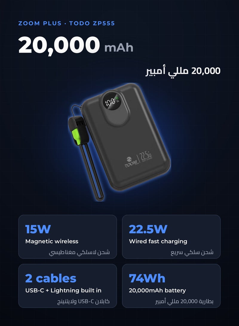 Zoom Plus TODO 20000mAh Magnetic Wireless Power Bank, MagSafe Compatible, 22.5W Fast Charging with Built-in USB-C and Lightning Cables, Smart Display, Portable Charger with Strap for iPhone and Android (ZP555, Black) - Image 2