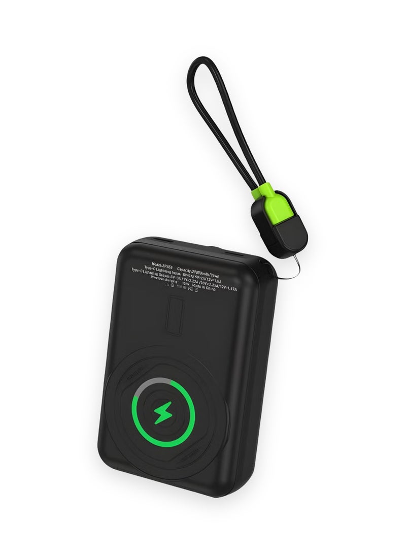Zoom Plus TODO 20000mAh Magnetic Wireless Power Bank, MagSafe Compatible, 22.5W Fast Charging with Built-in USB-C and Lightning Cables, Smart Display, Portable Charger with Strap for iPhone and Android (ZP555, Black) - Image 1