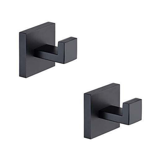 TASTOS Bath Towel Hooks Matte Black, 2 Pack Stainless Steel Robe Coat and Clothes Hook, Heavy Duty Wall Hook for Bathroom & Kitchen, Modern Square Style Wall Mounted (Black) - Image 1