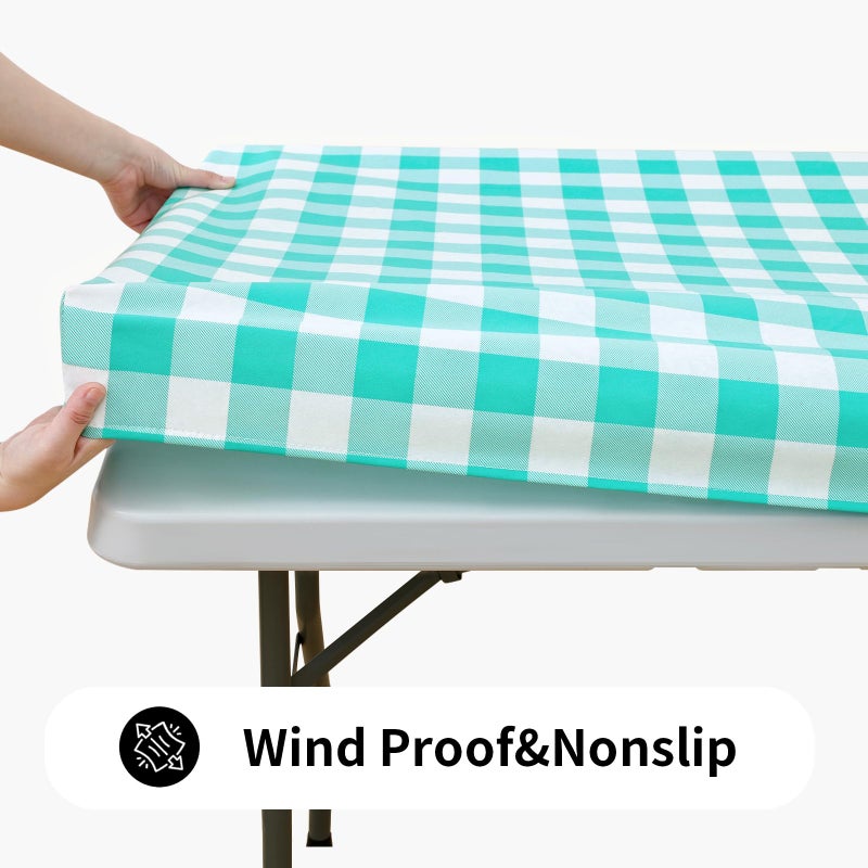 Smiry Rectangle Picnic Table Cloth, Elastic Waterproof Fitted Vinyl Tablecloths, Flannel Backed Buffalo Plaid Table Covers for Dining, Camping, Outdoor (White and Teal, 30" x 72") - Image 2
