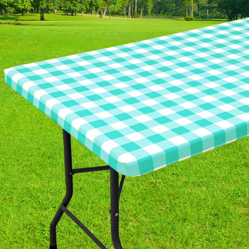 Smiry Rectangle Picnic Table Cloth, Elastic Waterproof Fitted Vinyl Tablecloths, Flannel Backed Buffalo Plaid Table Covers for Dining, Camping, Outdoor (White and Teal, 30" x 72") - Image 1