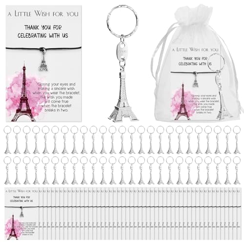 Equsion 50 Sets Paris Party Favors Bulk Eiffel Tower Keychains Bracelets Thank You Cards with Bag Sweet 16 Party Favors - Image 1