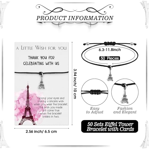 Equsion 50 Sets Paris Party Favors Bulk Eiffel Tower Keychains Bracelets Thank You Cards with Bag Sweet 16 Party Favors - Image 2