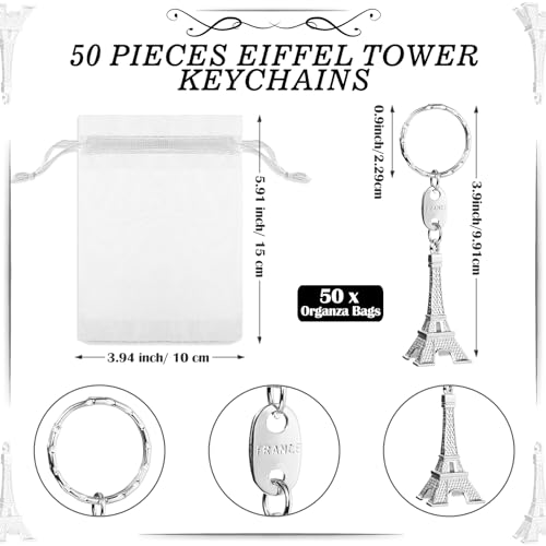 Equsion 50 Sets Paris Party Favors Bulk Eiffel Tower Keychains Bracelets Thank You Cards with Bag Sweet 16 Party Favors - Image 3