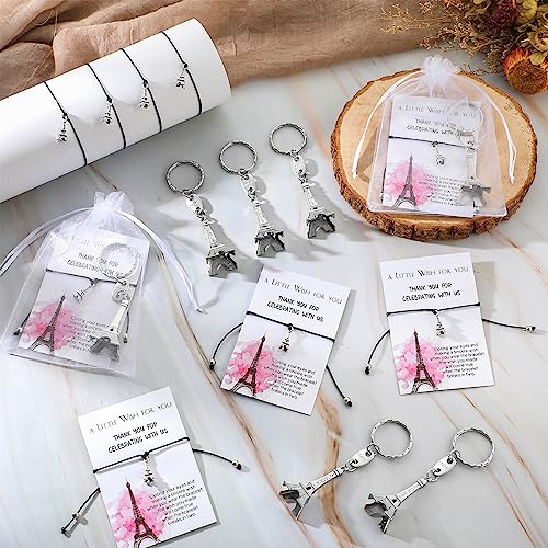 Equsion 50 Sets Paris Party Favors Bulk Eiffel Tower Keychains Bracelets Thank You Cards with Bag Sweet 16 Party Favors - Image 5