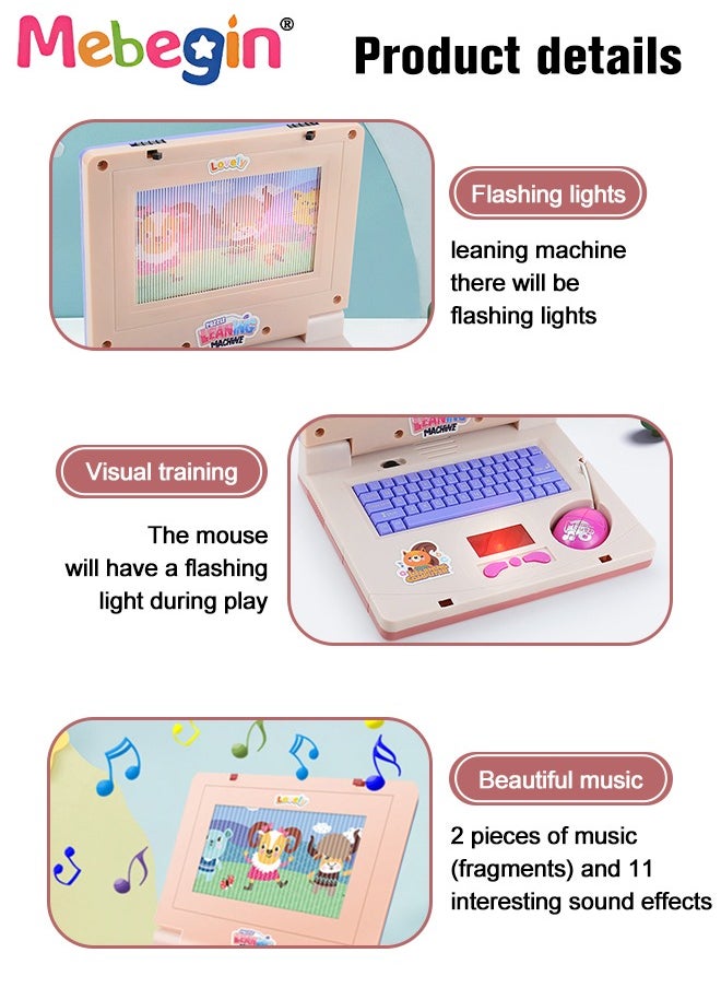MEBEGIN - Kids Learning Laptop with Music and Light, Play Laptop Computer Electronic Educational Learning Computer, Simulation Music Preschool Pretend Toys with Retractable Mouse for Early Learning, Pink - Image 1