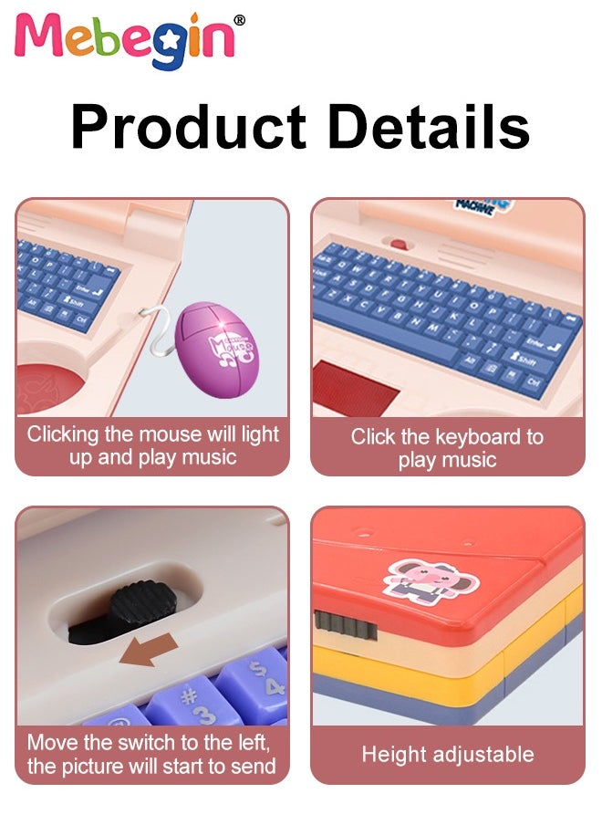 MEBEGIN - Kids Learning Laptop with Music and Light, Play Laptop Computer Electronic Educational Learning Computer, Simulation Music Preschool Pretend Toys with Retractable Mouse for Early Learning, Pink - Image 1