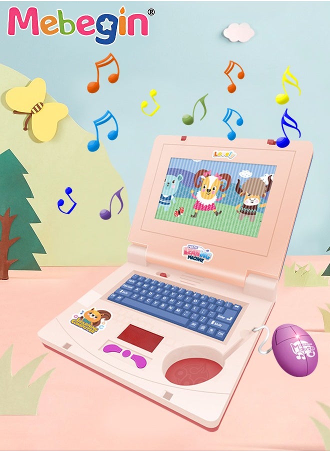 MEBEGIN - Kids Learning Laptop with Music and Light, Play Laptop Computer Electronic Educational Learning Computer, Simulation Music Preschool Pretend Toys with Retractable Mouse for Early Learning, Pink - Image 1