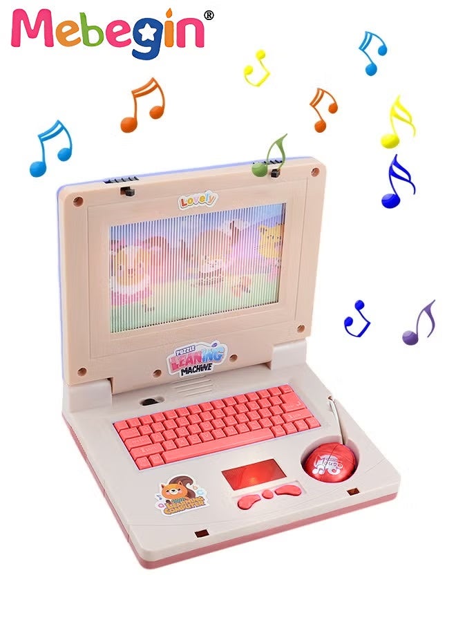 MEBEGIN Kids Learning Laptop with Music and Light, Play Laptop Computer Electronic Educational Learning Computer, Simulation Music Preschool Pretend Toys with Retractable Mouse for Early Learning, Pink