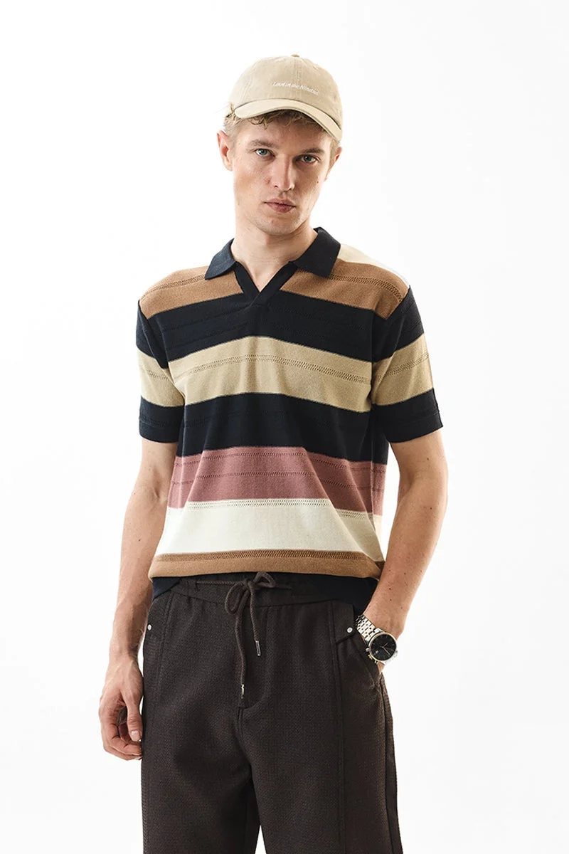 SNITCH Black Striped Half Sleeve Slim Fit T-Shirt
