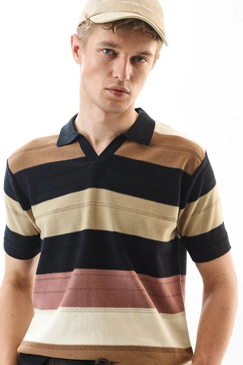 SNITCH Black Striped Half Sleeve Slim Fit T-Shirt