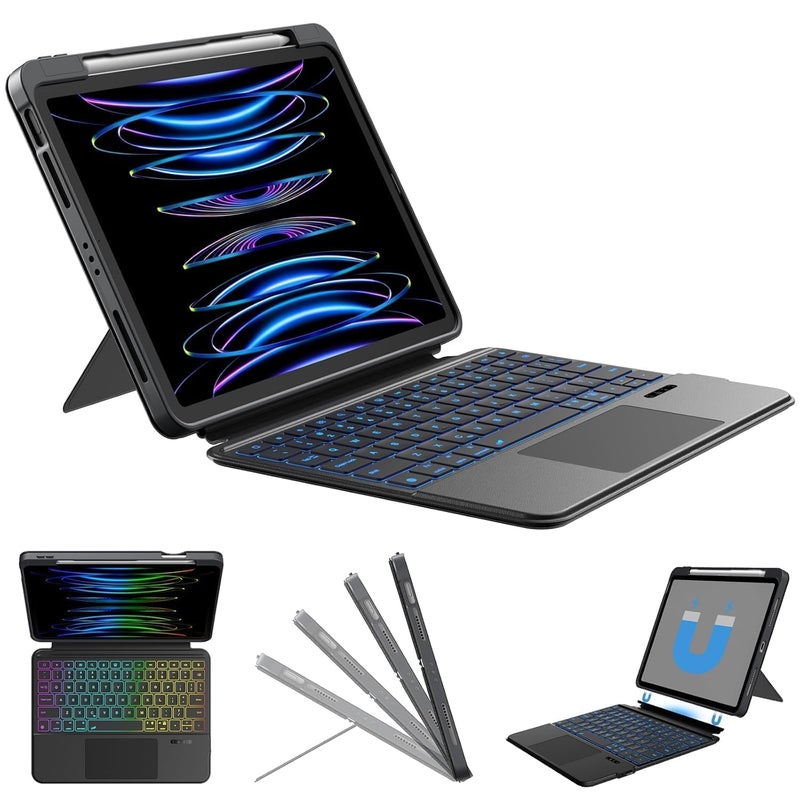 typecase حافظة لوحة مفاتيح فوليوديو لجهاز آيباد إير 11 (M3 & M2) إير الجيل 5/4 و آيباد برو 11 (الجيل 4/3/2/1) مع لوحة تتبع وإضاءة خلفية بـ 7 ألوان، عمودي/أفقي (لا تناسب برو 11 M5/M4، الجيل 10 و A16)-أسود - Image 1