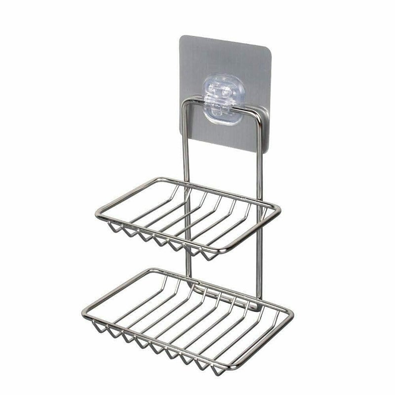 ROKTRY Mounted Double Layer soap Dish Holder Stainless Steel Wall Hanging Soap Storage Rack for Kitchen Bathroom-with Self Adhesive Magic Sticker (Pack of 1) - Image 1