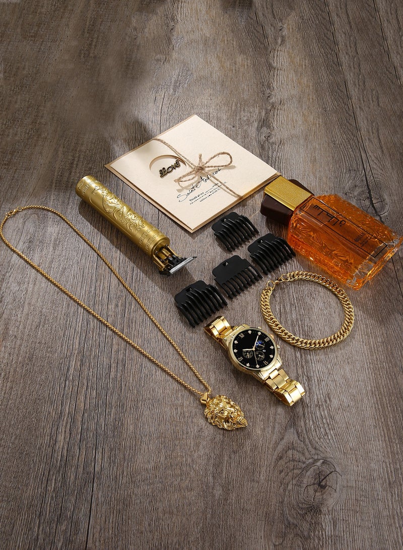 خيار أنيق للرجال والسادة ساعة الوجه الأسود الذهبي + سوار واحد + قلادة أسد + عطر + مصفف شعر + بطاقة تحية رائعة ، مناسبة لعيد الميلاد وهدايا العطلات للأصدقاء والعائلة والأقارب. - Image 2