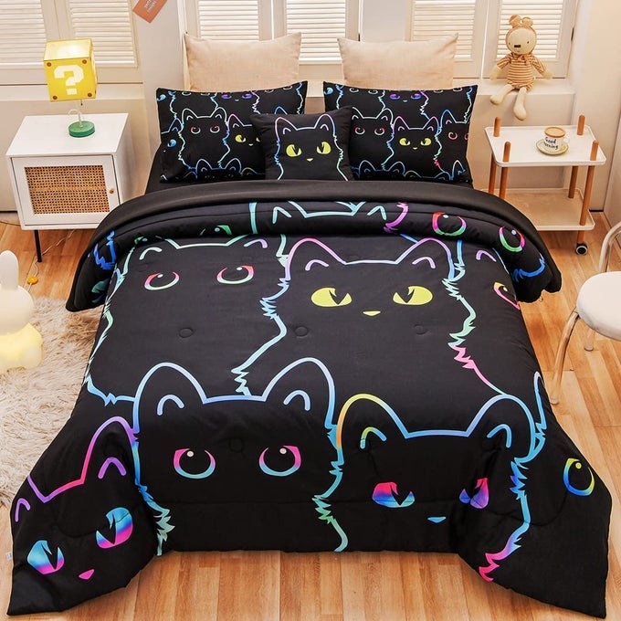CUTE CAT FULL COMFORTER SET WITH SHEETS BOYS GIRLS LIGHTWEIGHT 6 PCS BED IN A BAG FULL SIZE BEDDING SET FOR KIDS TEENS