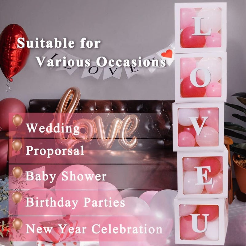 Ledido White Transparent Balloon Boxes, Clear Baby Boxes with 78 Letters for Custom Name, Balloon Box Blocks Backdrop for Bride Shower Baby Shower Birthday Boy Girl Gender Reveal Graduation Party Decor, 5PCS - Image 3