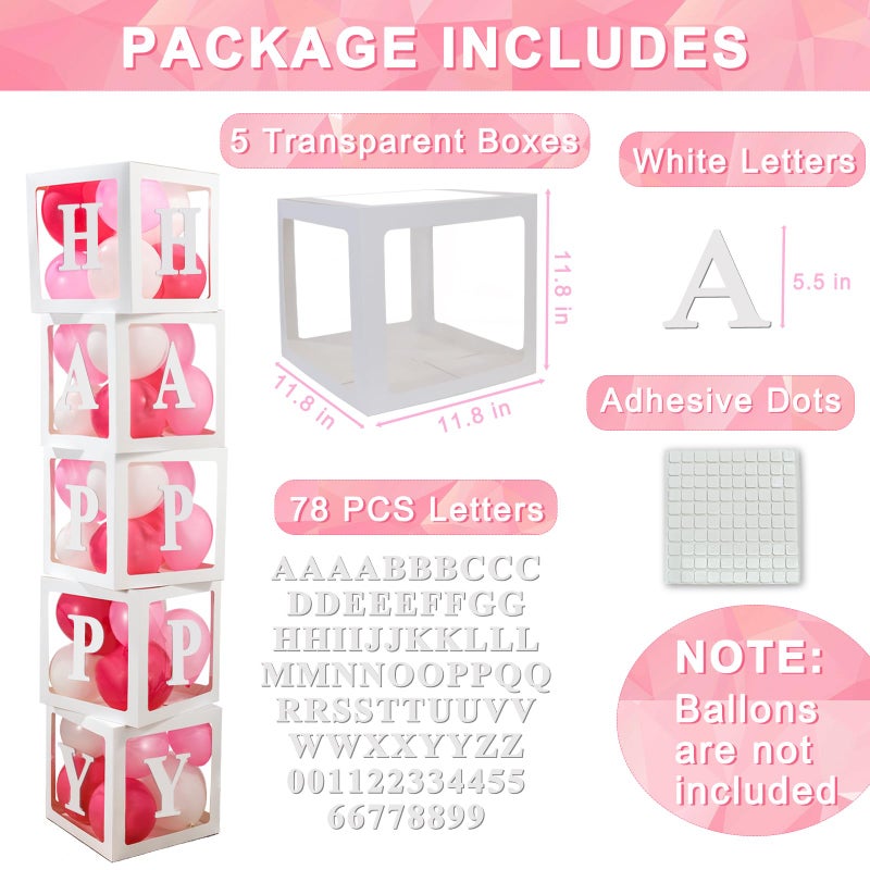 Ledido White Transparent Balloon Boxes, Clear Baby Boxes with 78 Letters for Custom Name, Balloon Box Blocks Backdrop for Bride Shower Baby Shower Birthday Boy Girl Gender Reveal Graduation Party Decor, 5PCS - Image 2