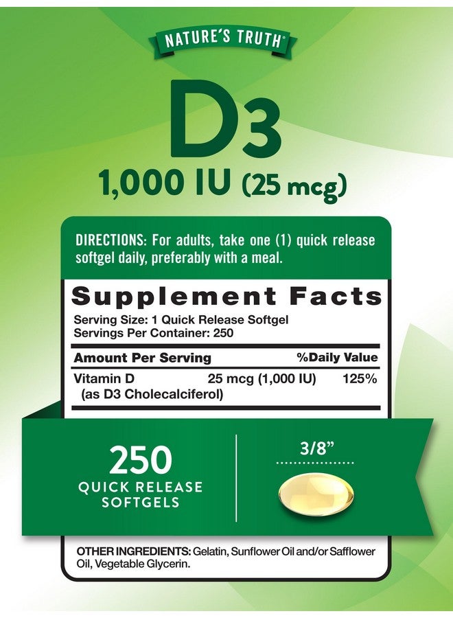 Nature's Truth Nature's Truth D3 1000 IU | 250 Softgels | Essential Vitamin D | Non-GMO & Gluten Free Supplement - Image 2