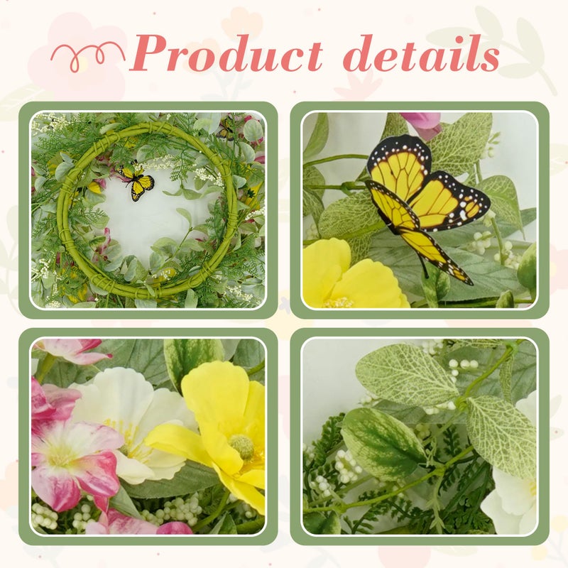 YNYLCHMX 18" Spring Summer Wreaths for Front Door, Artificial Wreath with Yellow Daisies Green Eucalyptus Leaves Butterflies, Green Foliage Wreath for Wall Window Farmhouse Party Holiday Home Decor - Image 4