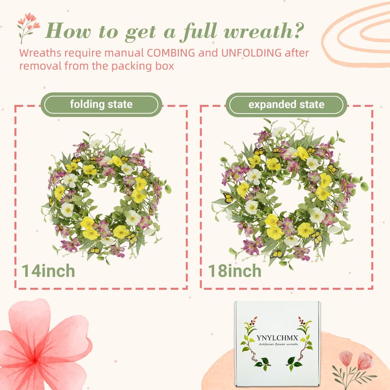 YNYLCHMX 18" Spring Summer Wreaths for Front Door, Artificial Wreath with Yellow Daisies Green Eucalyptus Leaves Butterflies, Green Foliage Wreath for Wall Window Farmhouse Party Holiday Home Decor - Image 3