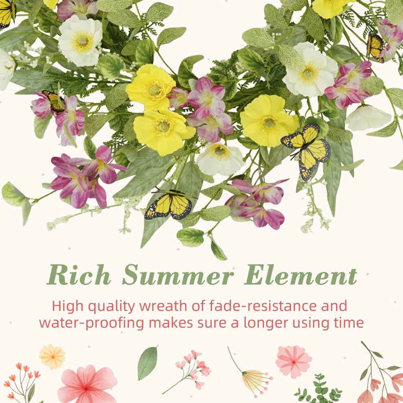 YNYLCHMX 18" Spring Summer Wreaths for Front Door, Artificial Wreath with Yellow Daisies Green Eucalyptus Leaves Butterflies, Green Foliage Wreath for Wall Window Farmhouse Party Holiday Home Decor - Image 5