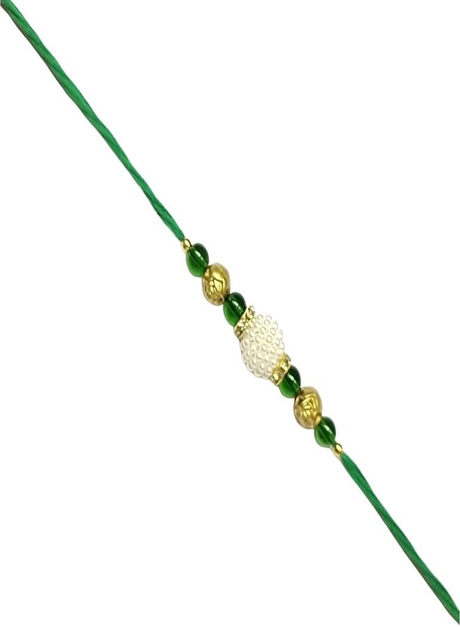 KRISHNA Rakhi Fancy Green Glass Beads with Fancy White Beads pendal for Rakshabandhan for Men and Boys - Image 3