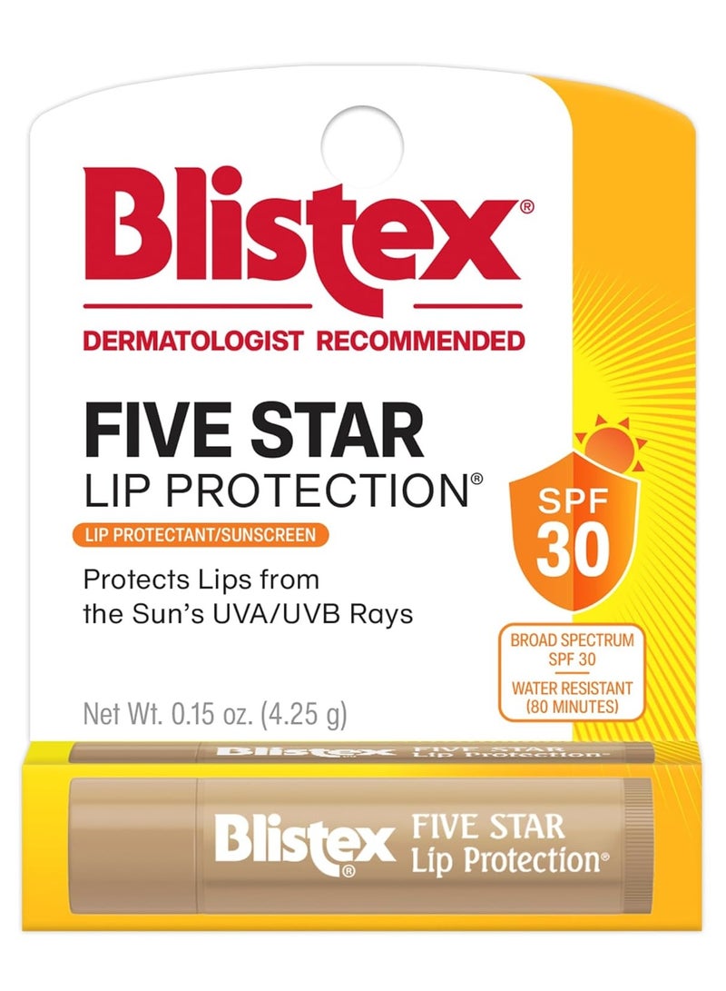 Blistex بلسم الشفاه لحماية الشفاه بخمس نجوم، 0.15 أونصة – عناية بالشفاه مقاومة للرياح والماء، حماية من الشمس بنطاق واسع SPF 30، يهدئ الشفاه المتشققة الباردة، علاج مرطب للشفاه، يحتفظ بالرطوبة - Image 1