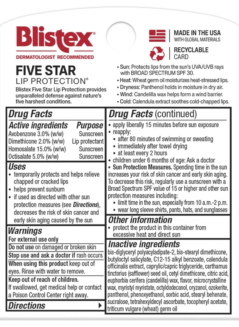 Blistex بلسم الشفاه لحماية الشفاه بخمس نجوم، 0.15 أونصة – عناية بالشفاه مقاومة للرياح والماء، حماية من الشمس بنطاق واسع SPF 30، يهدئ الشفاه المتشققة الباردة، علاج مرطب للشفاه، يحتفظ بالرطوبة - Image 4