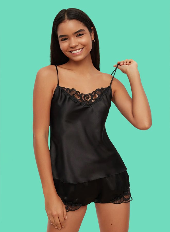 trendyol Black Lace Rope Strap Satin Shorts Woven Pajama Set - Image 1