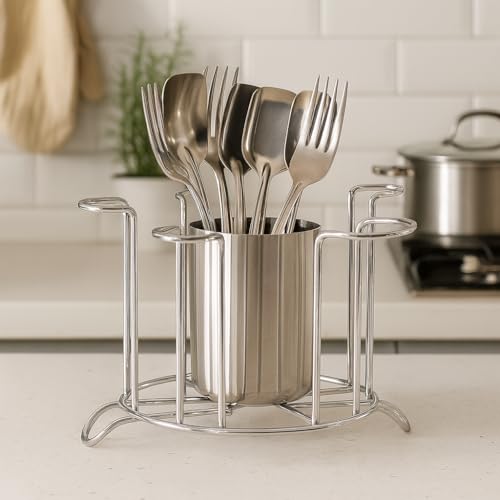 KYMIO Stainless Steel Glass Stand Holder for Kitchen & Dining | Rust-Proof Glass Organizer for 6 Glasses with Center Storage Cup | Space-Saving Glass Rack for Home, Hotels & Restaurants - Image 5
