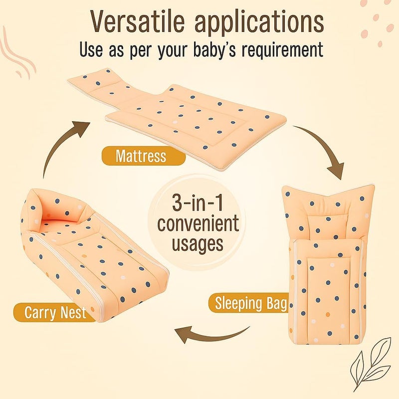DADDY - G DADDY G 3-in-1 Baby Bed & Sleeping Bag for Newborn | Portable Cotton Baby Bedding Set | Unisex Carry Nest & Baby Holder for New Born | Soft & Lightweight Infant Sleep Bag (Peach Dot) - Image 2