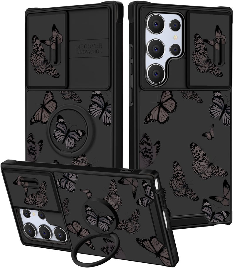 Funermei for Samsung Galaxy S25 Ultra Case - Women Girls Cute Phone Cover Pretty Girly Aesthetic Black Butterfly Unique Design with Camera Cover Ring Stand Funda for Samsung S25 Ultra Case - Image 1
