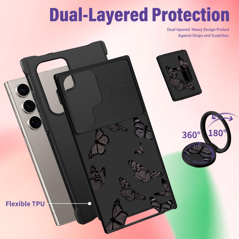 Funermei for Samsung Galaxy S25 Ultra Case - Women Girls Cute Phone Cover Pretty Girly Aesthetic Black Butterfly Unique Design with Camera Cover Ring Stand Funda for Samsung S25 Ultra Case - Image 5