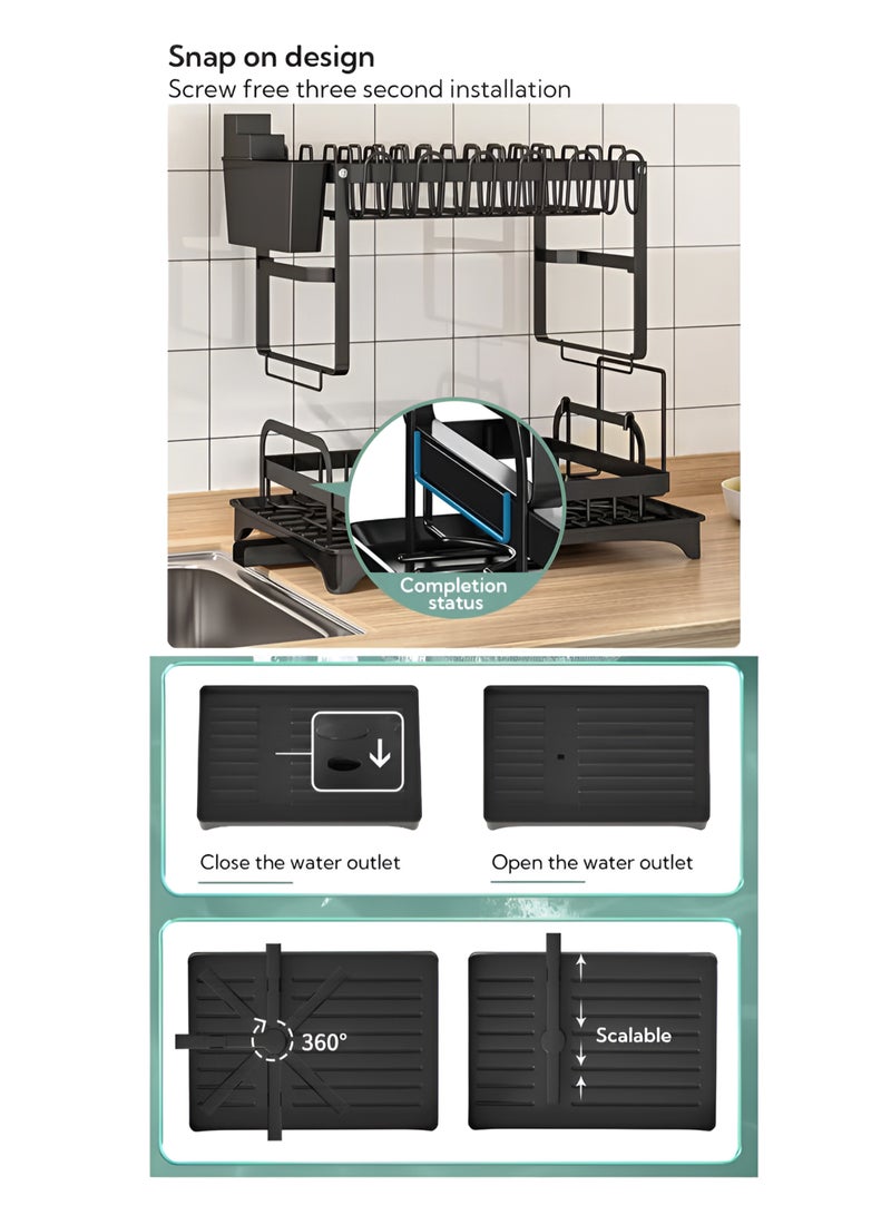 توشيونيكس رف تجفيف أطباق قابل للطي من طبقتين مع حامل أدوات وحامل لوح تقطيع وصينية لوح تصريف T114667، نظام تصريف دوار، طلاء مقاوم للخدش لعملية الخبز، أسود - Image 2